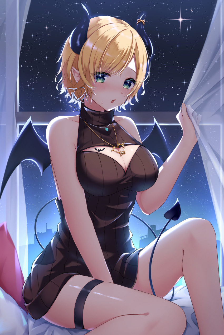1girl absurdres black_dress blonde_hair blue_eyes blush breast_tattoo breasts cleavage cleavage_cutout clothing_cutout demon_girl demon_horns demon_tail dress gold_necklace heart heart_necklace heart_tattoo highres hololive horns jewelry large_breasts looking_at_viewer mira_bluesky3 necklace night night_sky official_alternate_costume open_mouth pointy_ears short_hair sky star_(sky) starry_sky tail tail_around_own_leg tattoo thigh_strap turtleneck turtleneck_dress virtual_youtuber winged_heart_tattoo yuzuki_choco yuzuki_choco_(streetwear)