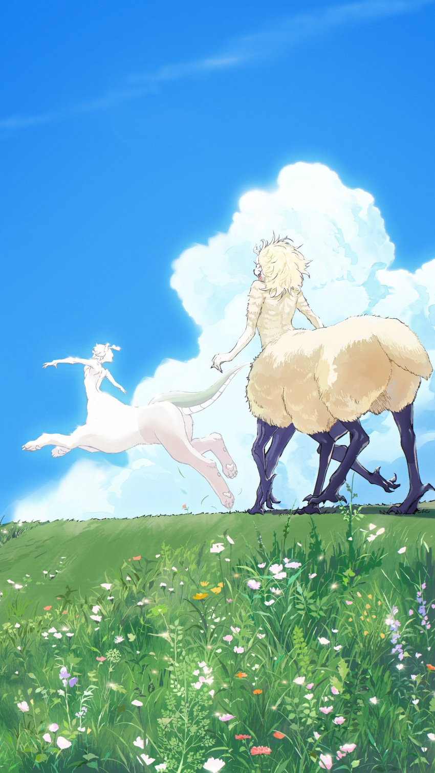 2boys absurdres androgynous blonde_hair blue_sky body_fur chinese_commentary cloud colored_skin commentary_request day dragon_tail field flower from_behind grass highres lantern_madoyoi male_focus meadow medium_hair monster_boy multiple_boys multiple_legs open_mouth original outdoors outstretched_arms pawpads running sheep_tail short_hair sky spread_arms tail taur walking white_flower white_fur white_skin