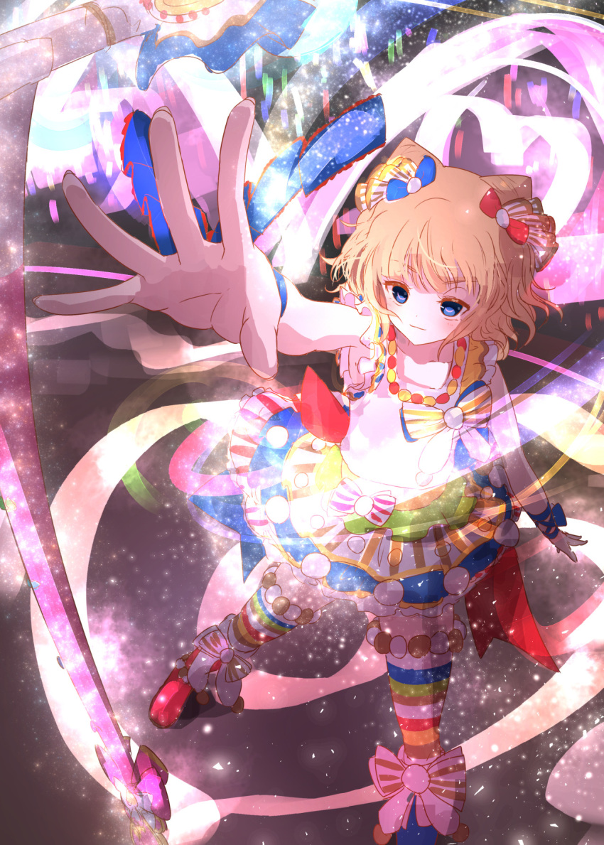 1girl :3 arm_up asymmetrical_footwear blonde_hair blue_bow blue_eyes blue_footwear blunt_bangs bow commentary cone_hair_bun double_bun dress english_commentary hair_bow hair_bun highres idol idol_clothes legs_apart minami_mirei mismatched_footwear multicolored_clothes multicolored_dress outstretched_arm pretty_series pripara reaching red_footwear ruru_ashihara shoes short_hair sleeveless sleeveless_dress smile solo staff standing striped_clothes striped_thighhighs swirl thighhighs