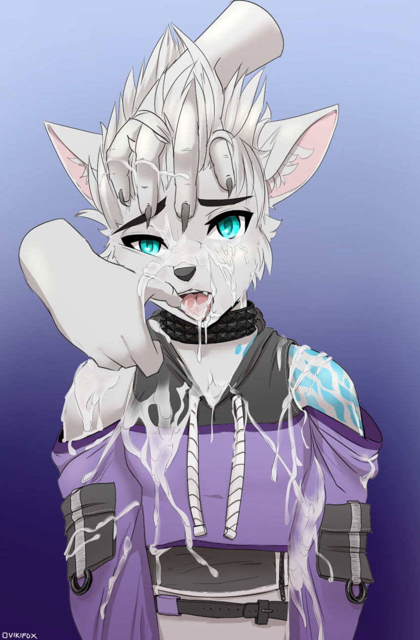 absurd_res anthro bodily_fluids canid canine canis claws clothed clothing cum cum_on_face disembodied_hand duo eyebrows femboy fingers genital_fluids hi_res jack_wyatt male mammal open_mouth tongue tongue_out vikifox wolf