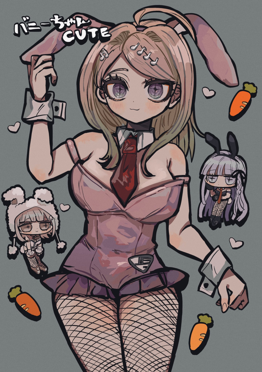 +_+ 3girls :3 adapted_costume ahoge akamatsu_kaede animal_ear_hairband animal_ear_headwear animal_ears bad_id bad_twitter_id beanie belt black_belt black_footwear black_gloves black_hairband black_leotard black_pants black_ribbon black_thighhighs blue_background blunt_bangs blush boots braid breasts buttons carrot chibi cleavage closed_mouth collar commentary cowboy_shot crest danganronpa:_trigger_happy_havoc danganronpa_(series) danganronpa_2:_goodbye_despair danganronpa_v3:_killing_harmony detached_collar earflap_beanie english_text eyelashes fake_animal_ears fake_tail fishnet_pantyhose fishnet_thighhighs fishnets floppy_ears fluffy gloves hair_ornament hair_ribbon hairband hairclip hand_on_own_ear hands_on_own_legs hat heart high_heel_boots high_heels highres kara_aren kirigiri_kyoko large_breasts leotard light_smile long_hair looking_at_viewer mary_janes microskirt mixed-language_text multiple_girls musical_note musical_note_hair_ornament nanami_chiaki necktie orange_necktie pants pantyhose pink_eyes pink_footwear pink_hair pink_hairband pink_leotard pink_ribbon playboy_bunny pleated_skirt pom_pom_hat_ornament purple_eyes purple_hair purple_skirt rabbit_ear_hairband rabbit_ears rabbit_tail red_necktie ribbon shoe_belt shoes shoulder_blush simple_background single_braid skirt spaghetti_strap straight_hair strap_slip symbol-only_commentary tail thighhighs translation_request triangle_hair_ornament very_long_hair white_collar white_gloves white_hat white_wrist_cuffs wrist_cuffs