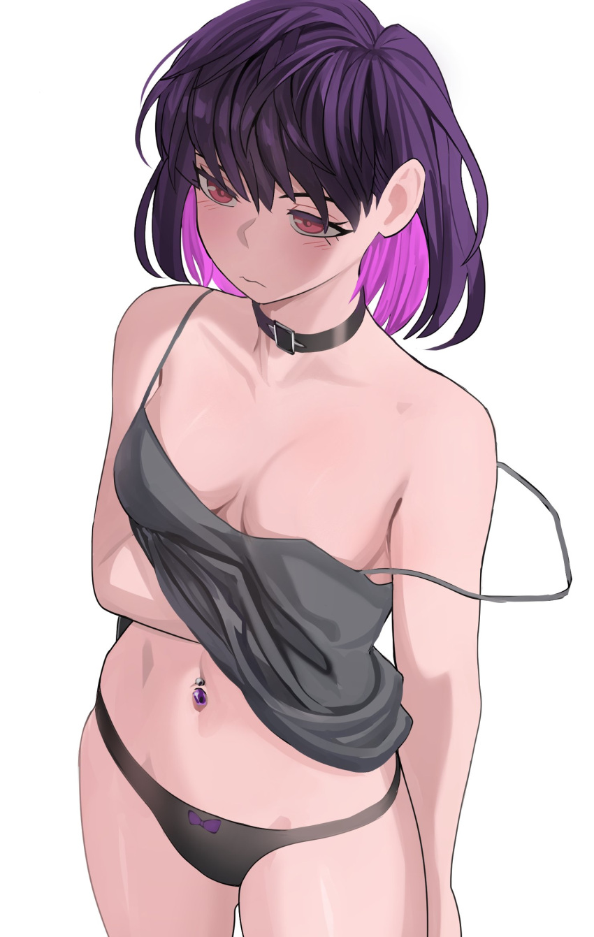 1girl belt_collar black_collar black_panties breasts cleavage closed_mouth collar collarbone cowboy_shot crop_top english_commentary grey_shirt hand_on_own_chest highres jourd4n light_blush medium_breasts minori_yume_(jourd4n) multicolored_hair navel navel_piercing original panties piercing pink_eyes pink_hair purple_hair shirt short_hair simple_background solo thighs two-tone_hair underwear wavy_mouth white_background
