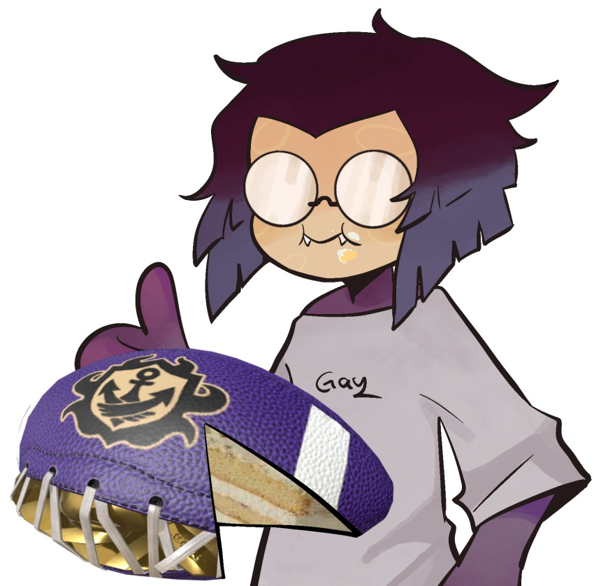 1girl alternate_costume american_football_(object) ball black_hair blue_hair everything_is_cake_(meme) fangs food food_on_face glasses grey_shirt highres meme multicolored_hair opaque_glasses print_shirt shirt short_hair simple_background solo splatoon_(series) splatoon_3 thumbs_up tosh_(splatoon) tripledip two-tone_hair upper_body white_background