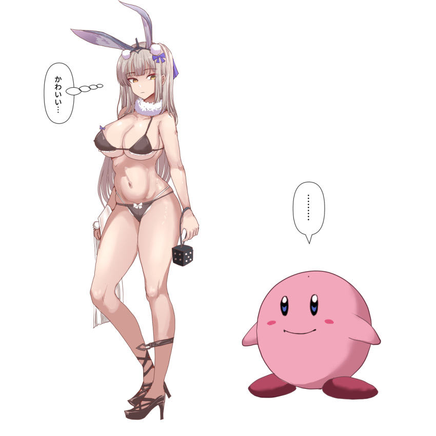 1girl animal_ears bikini black_bikini black_footwear blue_bow bow breasts cleavage closed_mouth commentary_request crossover expressionless full_body grey_hair hair_bow high_heels highres holding_dice kaavi kirby kirby_(series) large_breasts long_hair looking_to_the_side mahjong_soul pun rabbit_ears rabbit_girl simple_background swimsuit tataeroero white_background