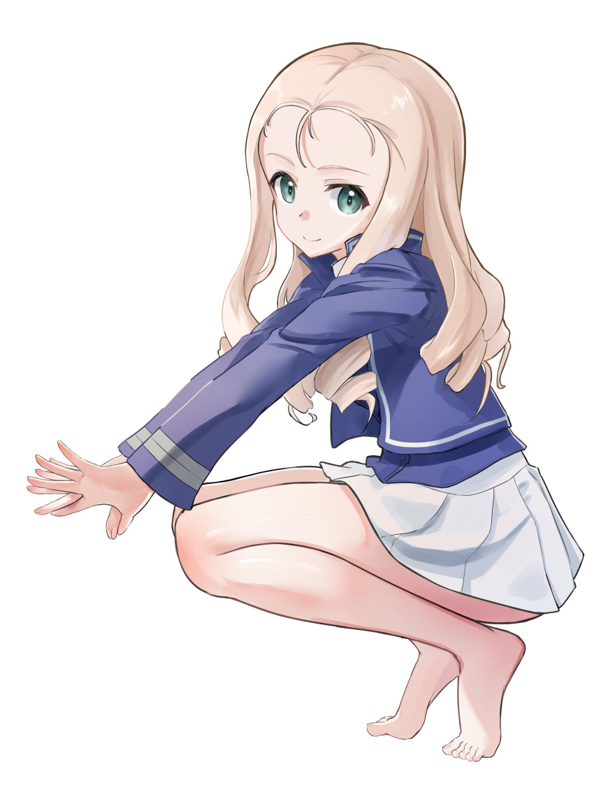 1girl absurdres bare_legs barefoot bc_freedom_military_uniform blonde_hair blue_jacket closed_mouth commentary_request drill_hair feet full_body girls_und_panzer green_eyes high_collar highres jacket lazurite_(user_8870367) legs long_hair long_sleeves looking_at_viewer marie_(girls_und_panzer) no_shoes pleated_skirt simple_background skirt smile solo squatting stretching tiptoes toes uniform white_background white_skirt