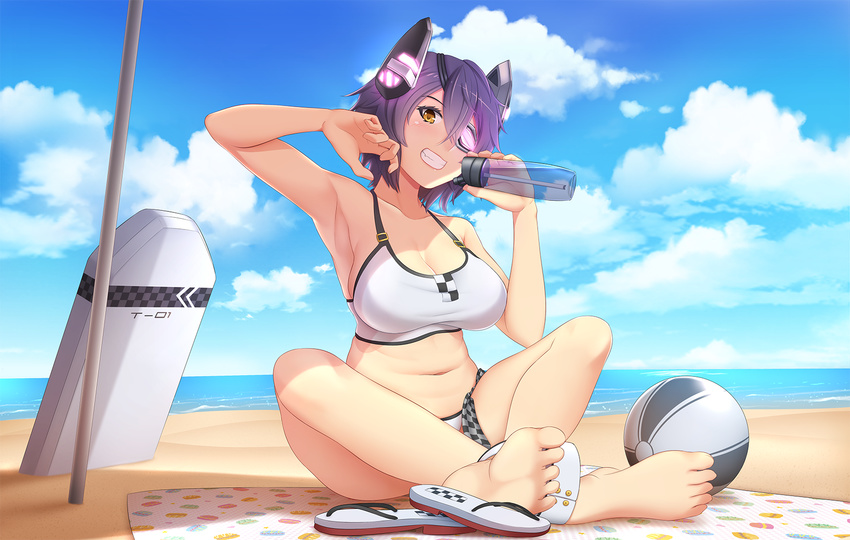 arm_up armpits ball barefoot beach beach_towel beachball bikini bottle breasts checkered checkered_neckwear cleavage cloud day eyepatch flip-flops grin headgear highres indian_style kantai_collection large_breasts looking_at_viewer mochi_(chain_csn) navel necktie necktie_removed ocean outdoors print_towel purple_hair sand sandals sandals_removed short_hair sitting sky smile soles solo spilling swimsuit tenryuu_(kantai_collection) toes towel white_bikini yellow_eyes