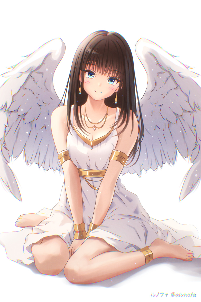 1girl angel_wings artist_name barefoot black_hair blue_eyes dress ear_piercing full_body highres jewelry long_hair looking_at_viewer necklace original piercing simple_background sitting sleeveless sleeveless_dress smile solo twitter_username wariza white_background white_dress wings yuluvine