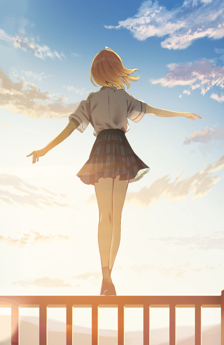 1girl bare_legs black_socks blue_skirt character_request cloud cloudy_sky collared_shirt copyright_request evening facing_ahead from_behind full_body high-waist_skirt highres imminent_suicide legs_together light_brown_hair medium_hair on_railing outdoors outstretched_arms plaid plaid_skirt pleated_skirt railing shirt shirt_tucked_in shoes short_sleeves skirt sky socks solo standing thighs white_shirt yukimaru_nun