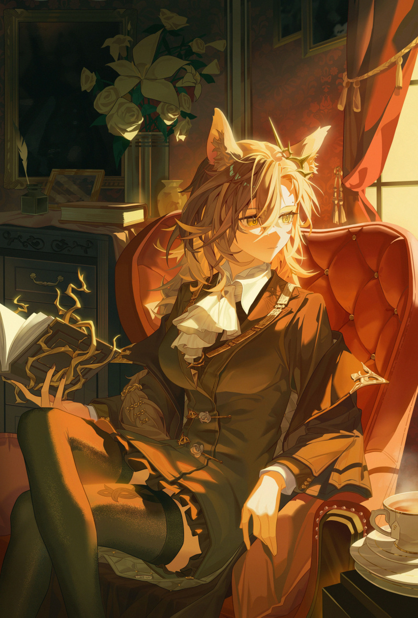 1girl absurdres animal_ear_fluff animal_ears arknights armchair ascot black_coat black_jacket black_nails black_thighhighs book brown_eyes brown_hair cabinet chair closed_mouth coat commentary_request crossed_legs cup curtains expressionless feet_out_of_frame flower highres holding holding_book indoors inkwell jacket long_hair long_sleeves looking_to_the_side mole_above_eye open_book penance_(arknights) picture_frame rose sanmu saucer sitting solo teacup thighhighs vase white_ascot white_flower white_rose window wolf_ears wolf_girl