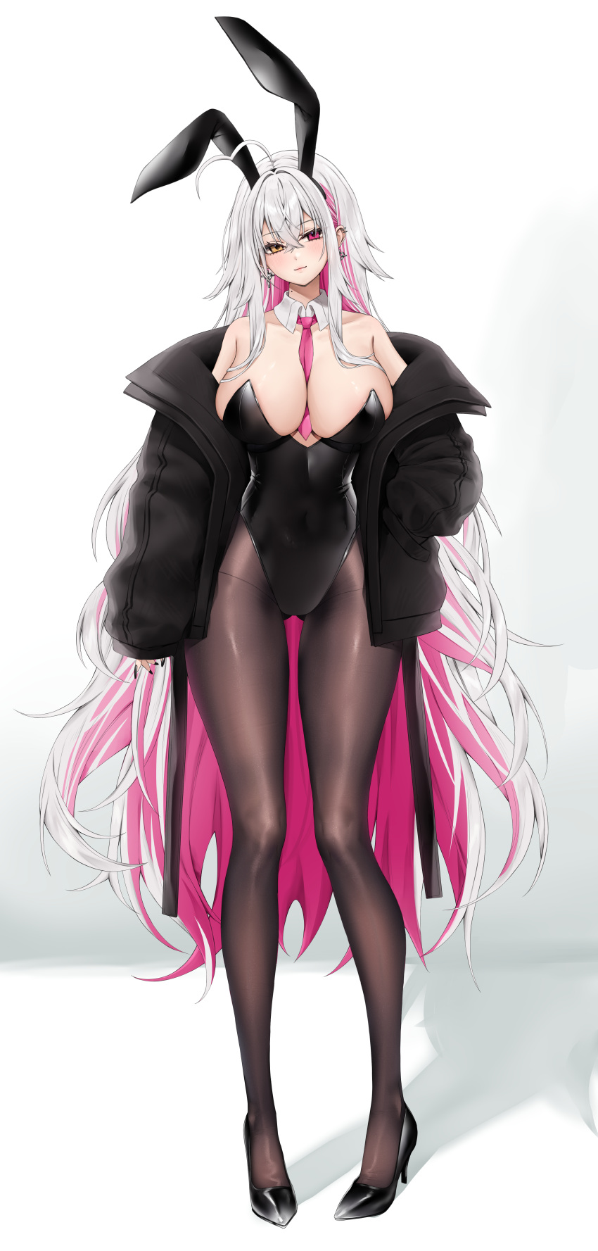 1girl absurdres ahoge animal_ears bare_shoulders between_breasts black_footwear black_jacket black_leotard breasts brown_eyes brown_pantyhose colored_inner_hair commentary detached_collar fake_animal_ears full_body heterochromia high_heels highres jacket leotard long_hair long_sleeves looking_at_viewer multicolored_hair necktie necktie_between_breasts off_shoulder open_clothes open_jacket original pantyhose pink_eyes pink_hair pink_necktie rabbit_ears solo standing strapless strapless_leotard very_long_hair vitaminechan vivi_(vitaminechan) white_hair