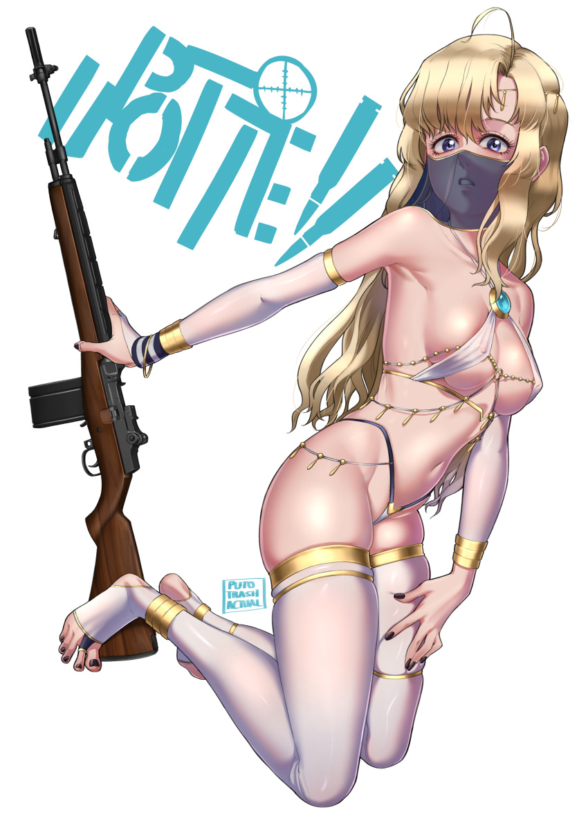 1girl absurdres ahoge anklet arabian_clothes armlet armpits bare_shoulders battle_rifle bedlah black_nails blonde_hair blue_brooch blue_eyes bracelet breasts brooch dancer detached_sleeves gun hair_ornament harem_outfit highres holding holding_gun holding_weapon jewelry kneeling long_hair looking_at_viewer m14 medium_breasts puto_trash revealing_clothes rifle stomach thighhighs thighlet thong upotte!! veil very_long_hair weapon