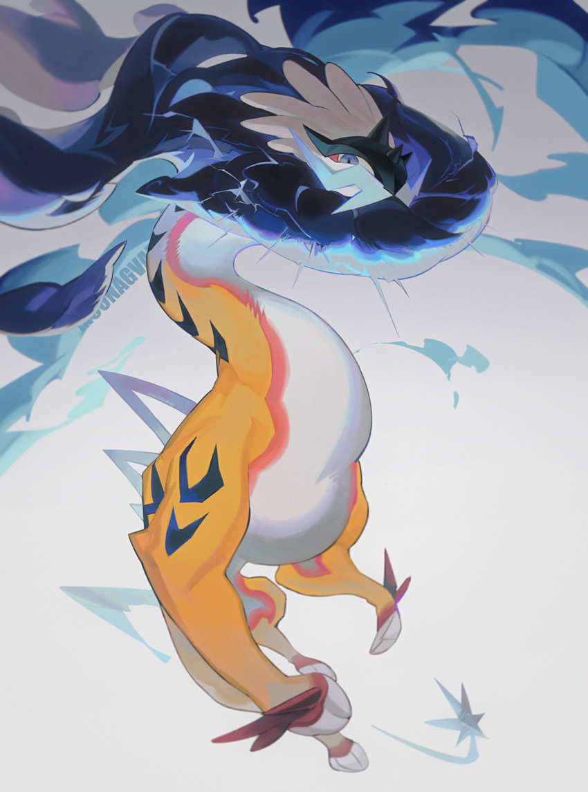 animal_focus artist_name blue_eyes closed_mouth gradient_background highres looking_at_viewer moonagvaze no_humans pokemon pokemon_(creature) raging_bolt solo white_background