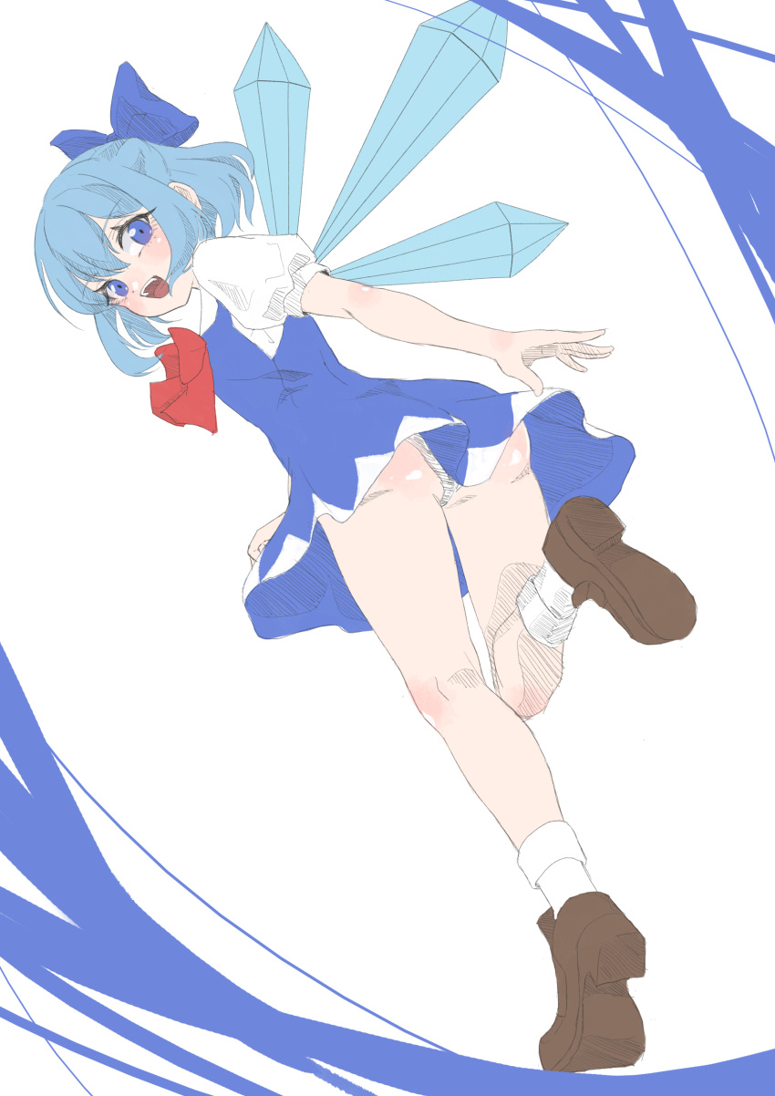 0002koko 1girl :d absurdres arm_at_side ass blue_bow blue_dress blue_eyes blue_hair blush bow brown_footwear cirno commentary dress dutch_angle floating_clothes from_behind from_below full_body hair_between_eyes hair_bow happy highres ice ice_wings looking_at_viewer looking_back open_mouth panties puffy_short_sleeves puffy_sleeves red_bow shirt short_dress short_hair short_sleeves simple_background smile socks solo standing standing_on_one_leg teeth touhou underwear upper_teeth_only white_background white_panties white_shirt white_socks wings