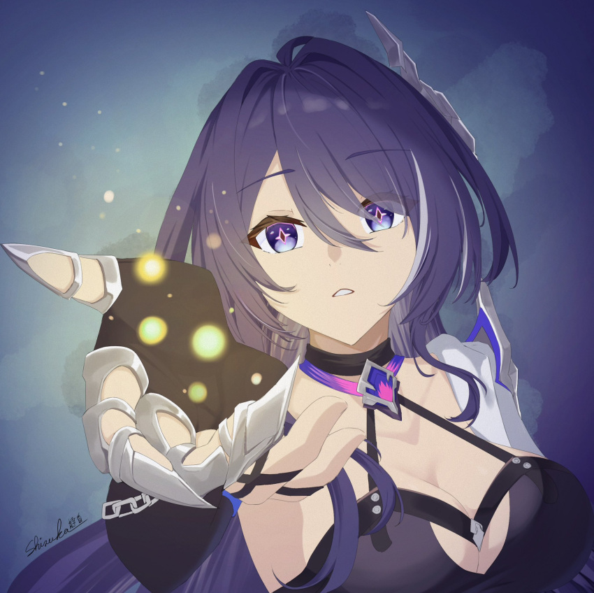 1girl acheron_(honkai:_star_rail) arm_up artist_name black_choker black_gloves breasts choker cleavage detached_sleeves fireflies gloves hair_over_one_eye highres honkai:_star_rail honkai_(series) long_hair multicolored_hair outstretched_leg purple_eyes purple_hair shizuka_xsi single_bare_shoulder solo streaked_hair