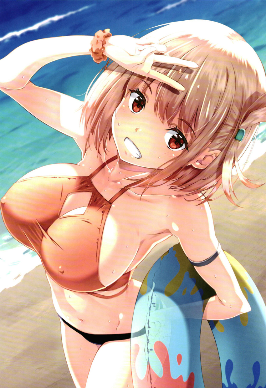 1girl beach bikini blonde_hair blush breasts cleavage covered_nipples from_above grin highres innertube izumi_mahiru large_breasts looking_at_viewer looking_up lycoris_recoil navel nishikigi_chisato non-web_source ocean outdoors red_eyes short_hair sideboob smile solo sweat swim_ring swimsuit v