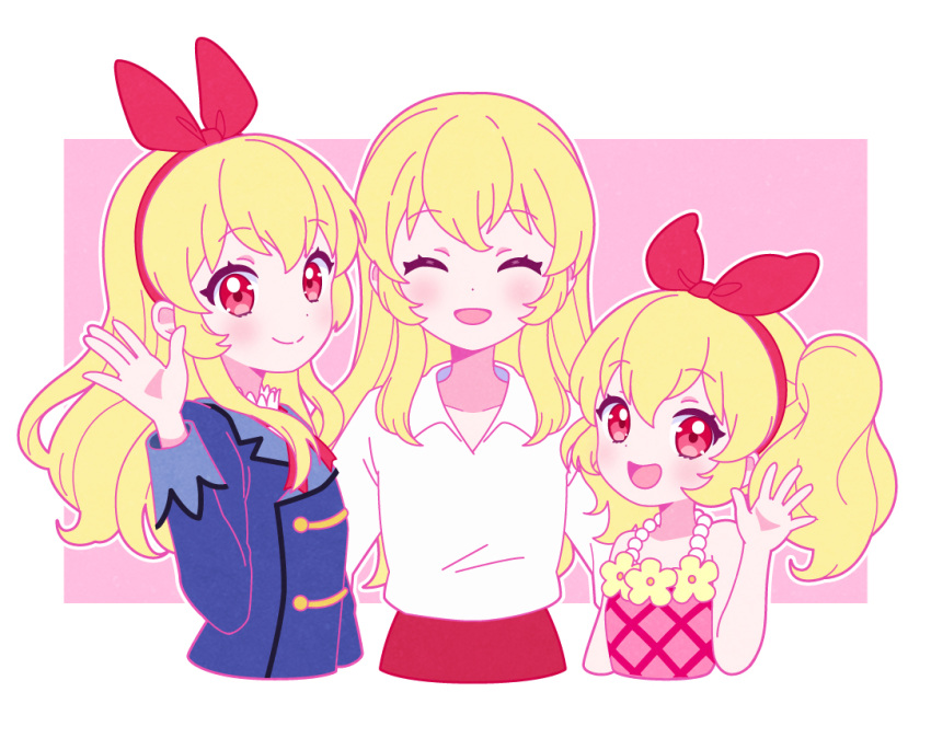 3girls :d ^_^ aged_down aikatsu! aikatsu!_(series) bad_id bad_twitter_id blonde_hair blue_jacket bow closed_eyes closed_mouth collared_shirt commentary_request cropped_torso facing_viewer flower hair_bow hairband hand_up hoshimiya_ichigo jacket jewelry long_hair long_sleeves looking_at_viewer multiple_girls multiple_persona necklace nekomachi_nao open_hand open_mouth red_bow red_eyes red_hairband school_uniform shirt sidelocks simple_background smile starlight_academy_school_uniform upper_body white_background white_shirt yellow_flower