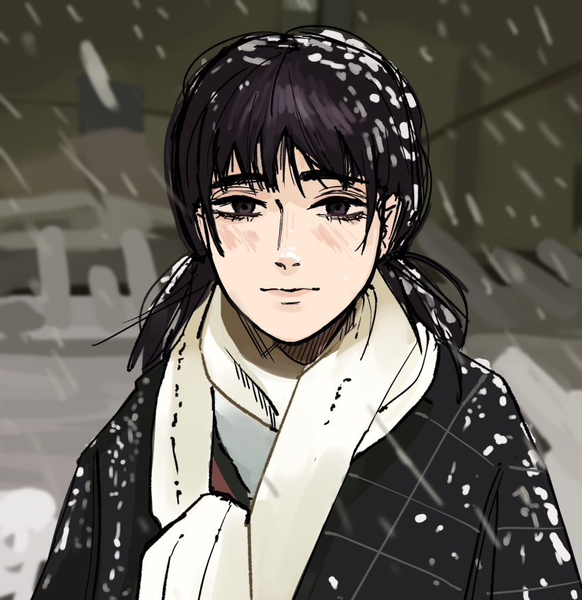 1girl black_eyes black_hair black_jacket chainsaw_man commentary english_commentary goldenpenhd highres jacket light_smile low_twintails mitaka_asa scarf snow snowing solo twintails upper_body white_scarf winter_clothes