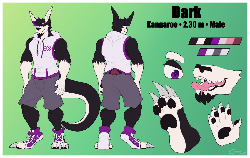 2024 anthro black_body black_fur bottomwear churrosolixoso clothing dark_(dark) footwear fur furgonomics hair hi_res kangaroo macropod male mammal marsupial model_sheet pawpads purple_eyes purple_hair shoes shorts sleeveless_hoodie solo white_body white_fur