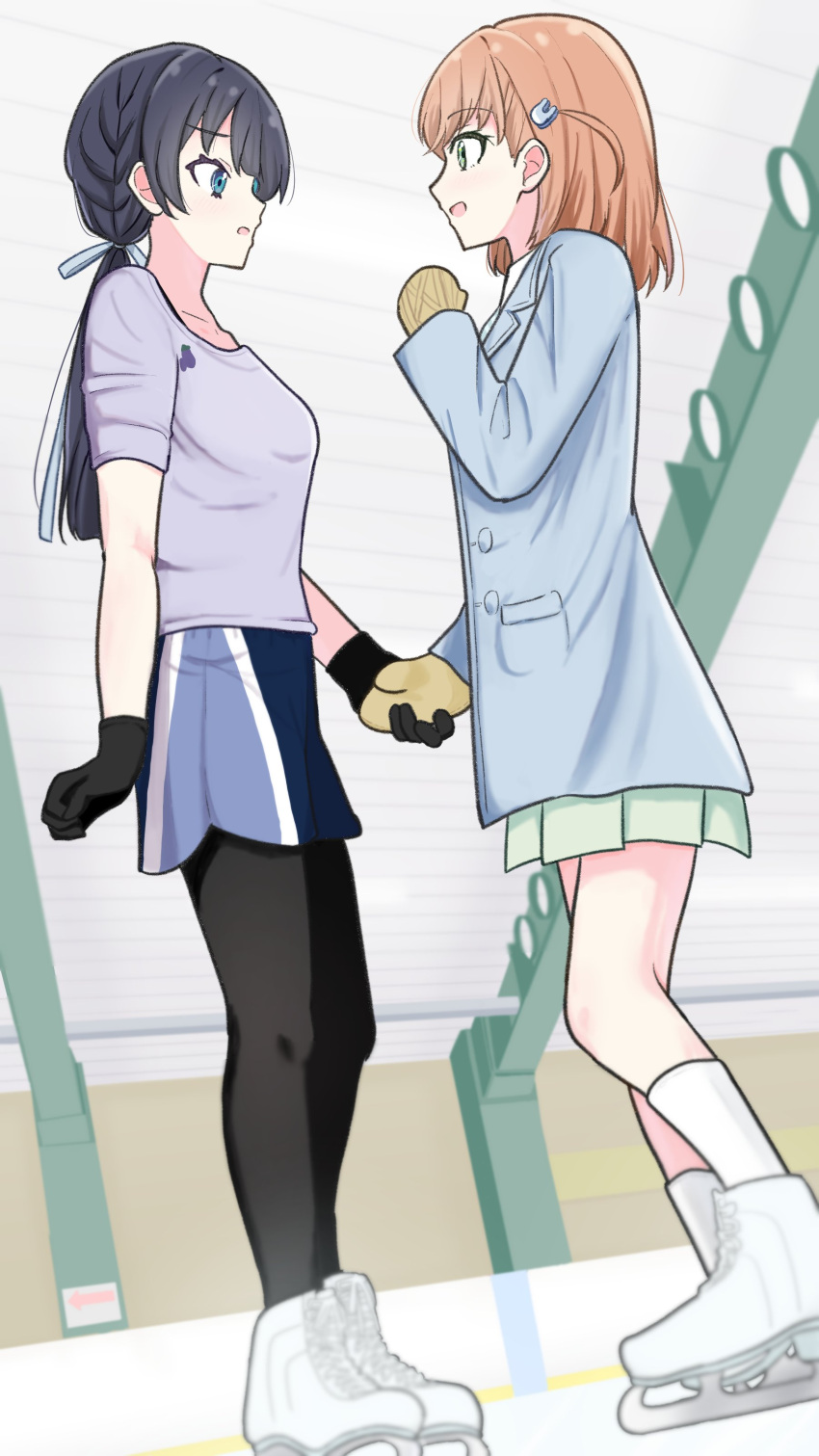 2girls :d :o absurdres black_gloves black_pantyhose blue_coat blue_shorts breasts brown_mittens coat commentary eye_contact full_body gloves green_skirt grey_shirt highres hinoshita_kaho holding_hands ice_skates indoors lily_(lily-put) link!_like!_love_live! looking_at_another love_live! medium_breasts mittens multiple_girls murano_sayaka official_alternate_costume pantyhose pantyhose_under_shorts shirt shorts sideways_mouth skates skirt smile socks standing virtual_youtuber white_socks