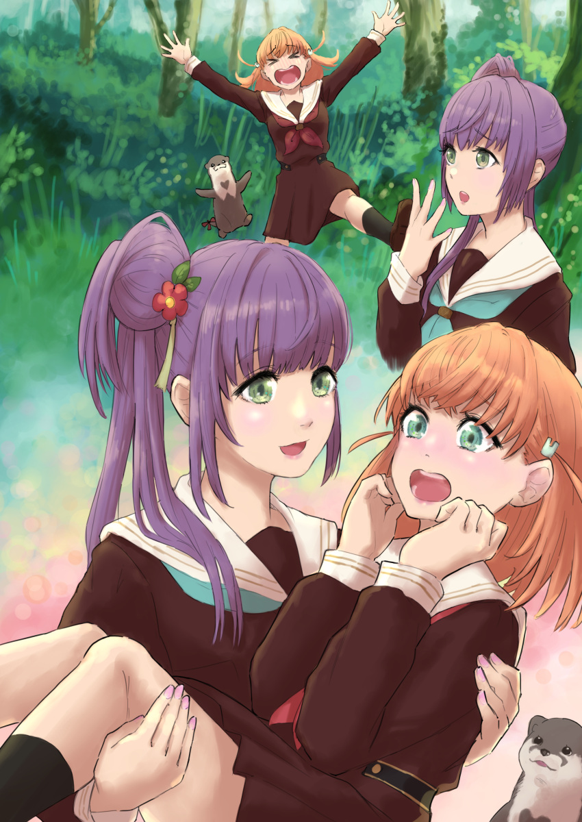 &gt;_&lt; 2girls :d :o absurdres ankle_socks aqua_eyes aqua_neckerchief black_socks brown_dress brown_footwear carrying cerise_bouquet chasing commentary crossed_bangs dress embarrassed fleeing flower forest green_eyes hair_bun hair_flower hair_ornament hand_up hasu_no_sora_school_uniform highres hinoshita_kaho link!_like!_love_live! loafers long_hair long_sleeves love_live! medium_dress medium_hair multiple_girls multiple_views nature neckerchief nyuma open_mouth orange_hair otomune_kozue otter pleated_dress princess_carry purple_hair rabbit_hair_ornament red_flower red_neckerchief sailor_collar sailor_dress scene_reference school_uniform screaming shoes side_ponytail sidelocks single_side_bun smile socks teeth two_side_up upper_teeth_only virtual_youtuber white_sailor_collar winter_uniform