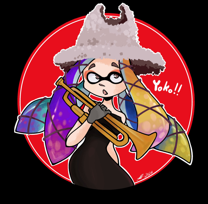 1girl aqua_hair blonde_hair blue_hair character_name dated domino_mask gloves gradient_hair green_hair grey_eyes grey_gloves grey_hat hat highres holding_trumpet instrument long_hair maddiemothie mask multicolored_hair open_mouth outline purple_hair solo splatoon_(series) splatoon_3 tentacle_hair trumpet white_outline yoko_(splatoon)