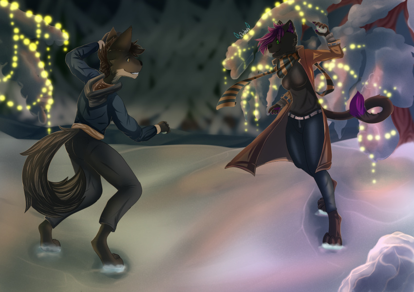 2019 anthro big_breasts breasts canid canine canis clothed clothing digital_media_(artwork) duo eye_contact female fight forest fully_clothed laugh male mammal naahva outside pantherine running smile snow snowball_fight tree wolf
