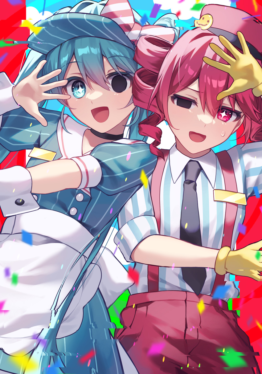 2girls absurdres apron aqua_dress aqua_eyes aqua_hair aqua_hat black_choker black_eyes black_necktie buttons choker collared_shirt confetti dress drill_hair glitch gloves hair_ribbon hat hatsune_miku heterochromia highres kasane_teto kurobikari long_hair looking_at_viewer mesmerizer_(vocaloid) multiple_girls necktie open_mouth pinstripe_hat puffy_short_sleeves puffy_sleeves red_eyes red_hair red_hat red_ribbon red_suspenders ribbon shirt short_sleeves shorts smile striped_clothes striped_ribbon striped_shirt suspender_shorts suspenders sweat twin_drills twintails vertical-striped_clothes vertical-striped_shirt very_long_hair visor_cap vocaloid white_apron white_shirt white_wrist_cuffs wrist_cuffs yellow_gloves