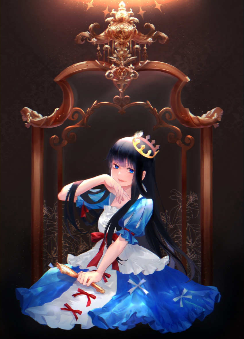 &gt;:) 1girl black_hair blue_dress blue_eyes blunt_bangs bow broken_mirror closed_mouth crown dress dress_bow floral_print full_body hair_flowing_over hand_mirror hand_to_own_mouth head_mirror highres holding holding_mirror lips long_hair looking_at_viewer maerchen_(album) mirror no_reflection puff_and_slash_sleeves puffy_short_sleeves puffy_sleeves red_bow schneewittchen short_sleeves sitting smile solo sound_horizon tilted_headwear tsaishanny two-tone_dress v-shaped_eyebrows waist_bow white_dress