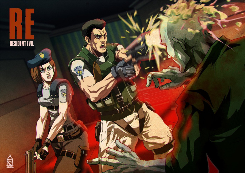 1boy 1girl blood blue_eyes brain breasts brown_hair capcom chris_redfield english_text fingerless_gloves firing from_behind gloves green_blood grey_shirt gun handgun hat headshot holding holding_gun holding_weapon indoors jill_valentine looking_at_another muscular muscular_male open_mouth pants pouch resident_evil shirt short_hair short_sleeves tactical_clothes thigh_pouch weapon zehb_br zombie