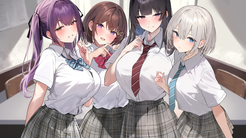 4girls :d absurdres arm_behind_back black_hair black_ribbon blue_bow blue_bowtie blue_eyes blue_necktie blush bow bowtie breasts brown_eyes brown_hair closed_mouth collared_shirt grey_hair grey_skirt hair_ornament hair_ribbon hairclip hands_up heart heart_hands highres indoors large_breasts looking_at_viewer multiple_girls necktie non-web_source open_mouth original parted_lips plaid plaid_skirt purple_eyes purple_hair red_bow red_bowtie red_necktie ribbon shirt shirt_tucked_in short_sleeves skirt smile teeth twintails white_shirt yuyu_(yuyuworks)