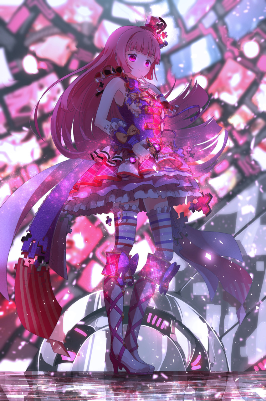 1girl blunt_bangs blurry blurry_background boots frilled_thighhighs frills full_body glowing glowing_eyes hand_on_own_face hand_up highres hojo_sophy holding holding_microphone idol_clothes knee_boots layered_skirt long_hair looking_at_viewer microphone multicolored_clothes multicolored_skirt pink_hair pretty_series pripara purple_eyes purple_shirt reflective_surface ruru_ashihara shirt skirt smile solo standing thighhighs torn_clothes torn_shirt wrist_cuffs