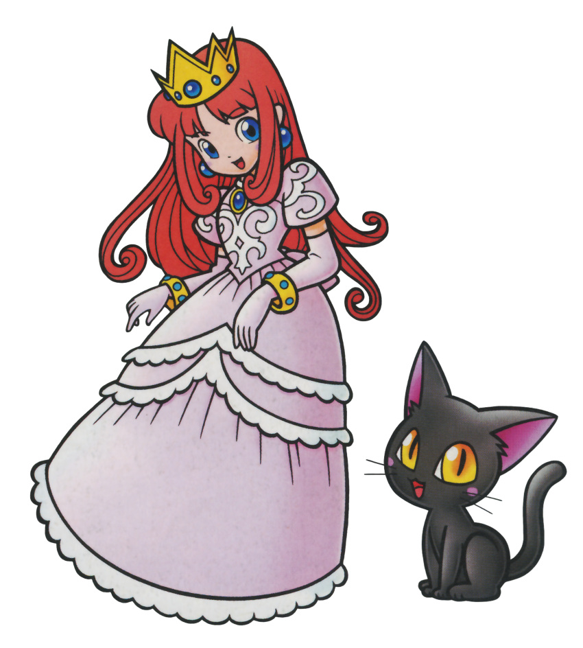 1girl black_cat black_fur blue_eyes cat crown dress earrings gold_bracelet highres jewelry long_hair looking_at_viewer nintendo official_art open_mouth pink_dress princess_shokora red_hair smile third-party_source wario_land wario_land_4 yellow_eyes