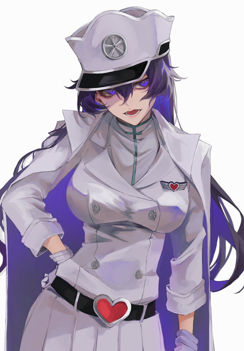 1girl bambietta_basterbine belt black_belt black_hair bleach bleach:_sennen_kessen-hen blue_eyes breasts buttons cape commentary_request double-breasted gloves hair_between_eyes hand_on_own_hip hat heart_belt highres jacket large_breasts long_hair long_sleeves looking_at_viewer military_hat military_jacket military_uniform open_mouth peaked_cap quincy_(bleach) skirt solo sternritter ui_1231 uniform wandenreich_uniform white_cape white_gloves white_hat white_skirt