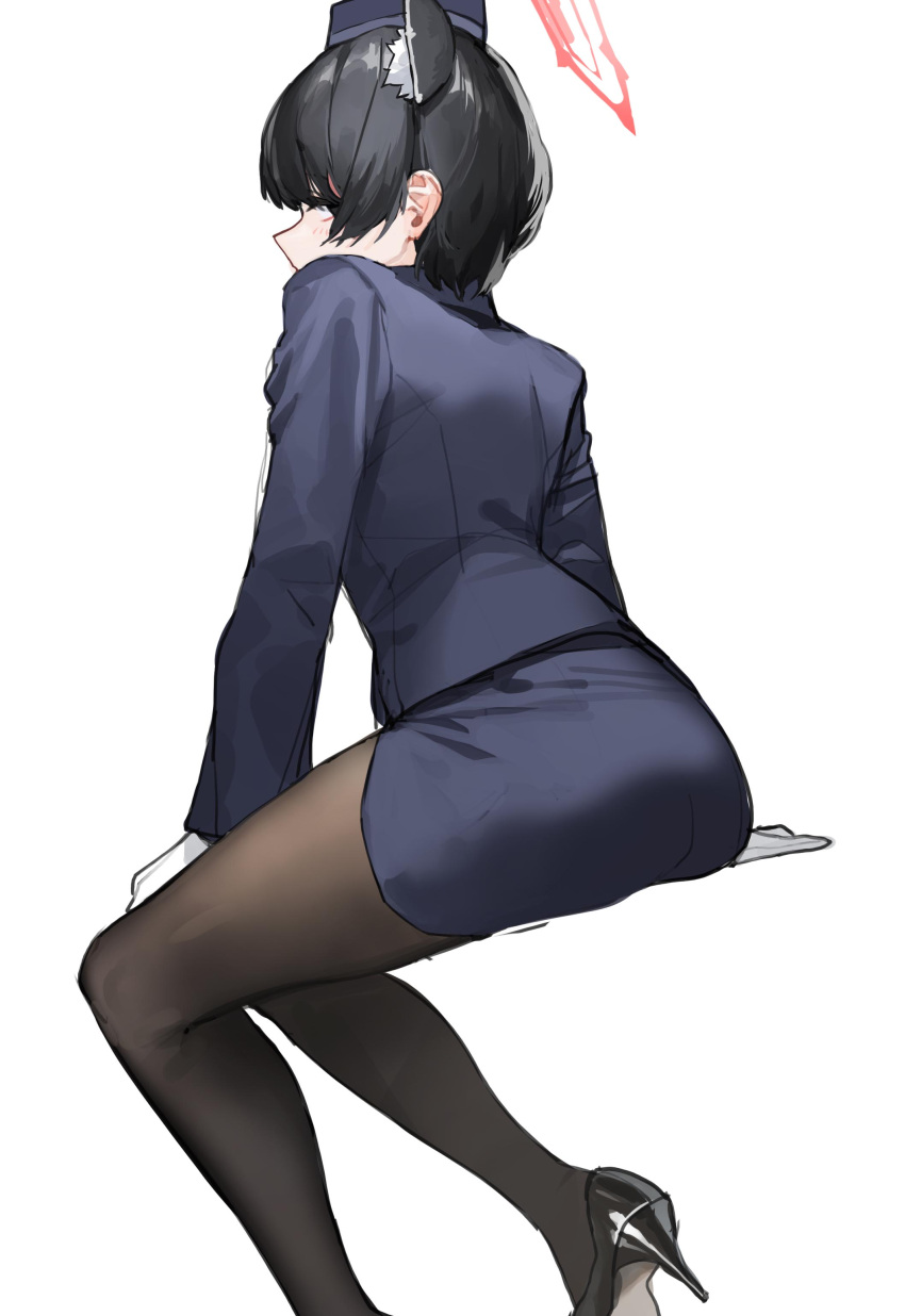 1girl absurdres animal_ear_fluff animal_ears black_hair blue_archive blue_hat blue_jacket blue_skirt brown_pantyhose gloves halo hat high_heels highres invisible_chair jacket pantyhose raccoon_ears short_hair simple_background sitting skirt solo tsubaki_(guide)_(blue_archive) tunamayo_(dsasd751) white_background white_gloves