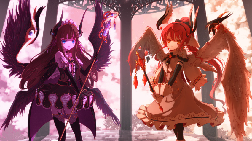 2girls angel_and_devil bad_id bad_pixiv_id black_bow black_cape black_dress black_gloves black_thighhighs black_wings blue_eyes bow brown_hair cape center_frills column commentary_request dress elbow_gloves feathered_wings feet_out_of_frame frilled_dress frills gloves hair_bow highres holding holding_staff idol_clothes kurosu_aroma long_hair looking_at_viewer multiple_girls multiple_wings open_mouth pillar pretty_series pripara red_hair ruru_ashihara shiratama_mikan smile staff standing thighhighs white_dress white_gloves white_wings wings yellow_eyes