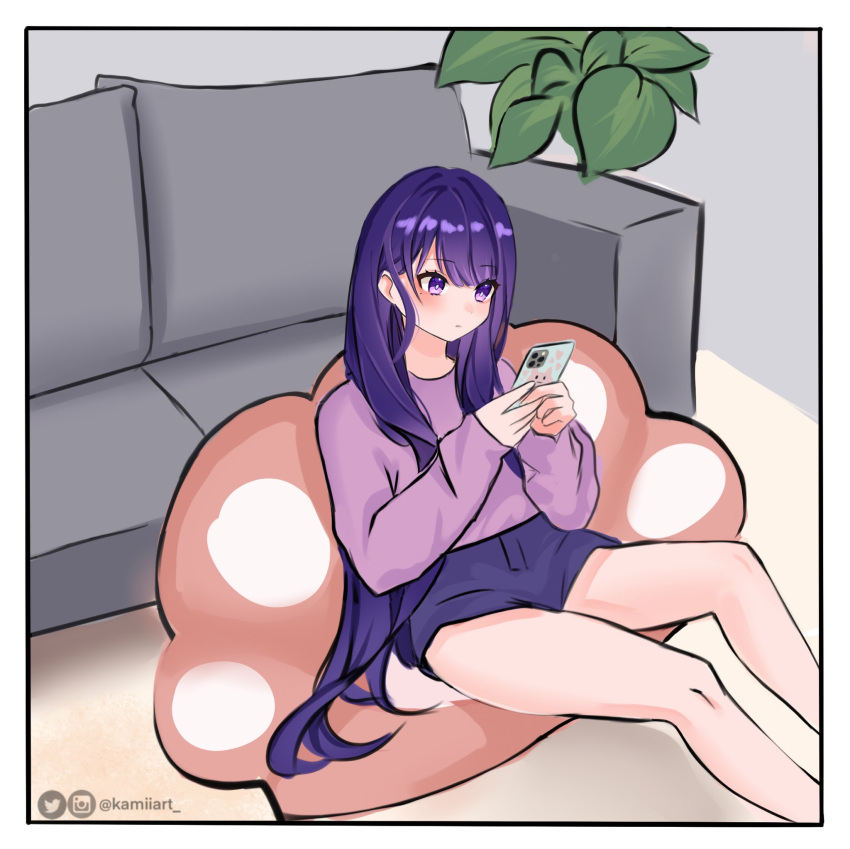 1girl alternate_hairstyle artist_name blush coach genshin_impact highres holding holding_phone instagram_logo instagram_username kamiiart long_hair looking_at_phone phone pillow plant purple_eyes purple_hair purple_shirt raiden_shogun shirt shorts twitter_logo twitter_username very_long_hair