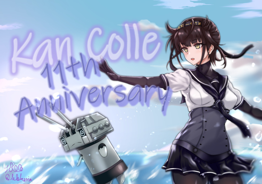 1girl anchor_symbol anniversary black_bodysuit black_gloves black_hair black_headband black_neckerchief black_pantyhose black_sailor_collar black_skirt bodysuit chou-10cm-hou-chan_(hatsuzuki's) clothes_writing copyright_name corset elbow_gloves gloves hachimaki hair_flaps hatsuzuki_(kancolle) headband highres kantai_collection neckerchief pantyhose pleated_skirt sailor_collar school_uniform serafuku shirokuni_ochiho shirt short_hair skirt solo waves white_shirt yellow_eyes