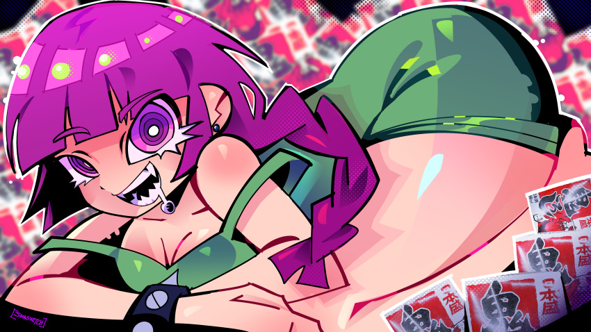 1girl @_@ absurdres alcohol_carton alternate_breast_size bocchi_the_rock! breasts bright_pupils cleavage dress drooling green_dress halftone_texture highres hiroi_kikuri jiansketch looking_at_viewer lying mouth_drool off_shoulder on_stomach open_mouth purple_hair saliva shiny_skin solo strap_slip studded_bracelet thick_thighs thighs white_pupils