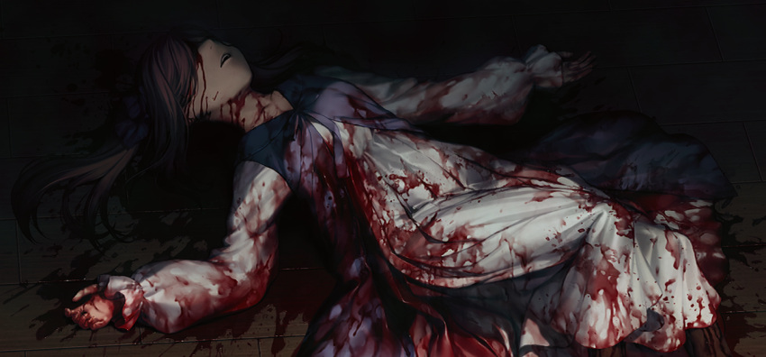 1girl apron bleeding blood blood_on_clothes blood_on_face blood_on_ground blood_on_hands blood_splatter brown_hair corpse death fate/grand_order fate_(series) game_cg leonardo_da_vinci_(fate) leonardo_da_vinci_(rider)_(fate) long_hair long_sleeves murder official_art pool_of_blood puffy_sleeves solo