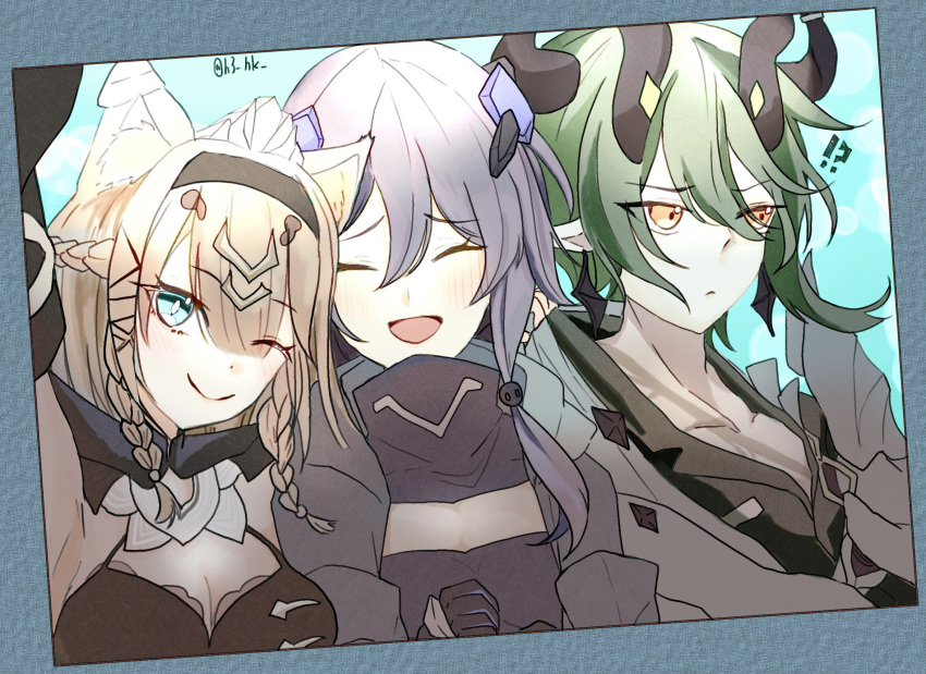 !? 1boy 2girls :d ^_^ animal_ears armpits artist_name blush braid breasts cat_ears cat_girl cleavage closed_eyes closed_mouth collarbone fu_hua fu_hua_(shadow_knight) gloves green_eyes green_hair grey_hair grey_jacket h3_hk hair_between_eyes hair_ornament headband highres honkai_(series) honkai_impact_3rd horns jacket kosma medium_breasts multiple_girls one_eye_closed open_mouth orange_eyes pardofelis_(honkai_impact) pointy_ears selfie small_breasts smile upper_body