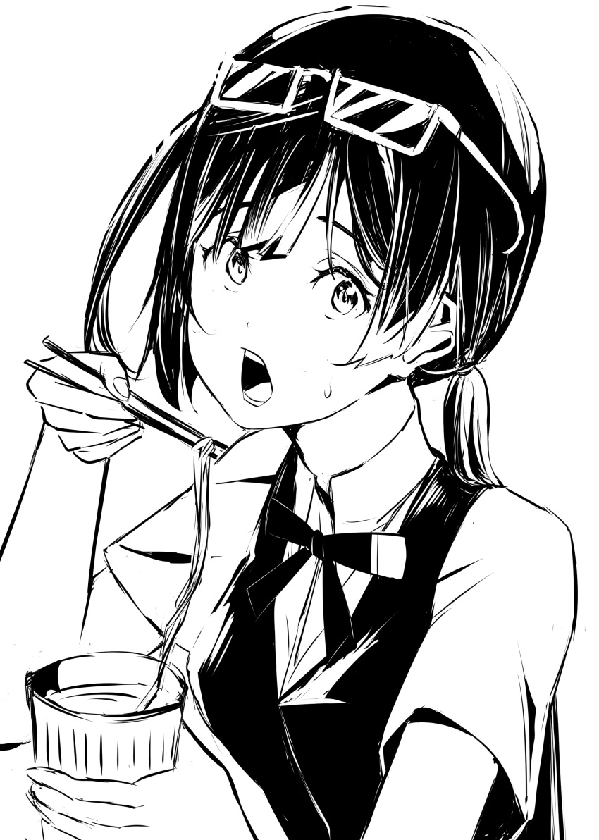 1girl absurdres alternate_hairstyle chopsticks collared_shirt commentary_request cup_ramen eating eyewear_on_head food furrowed_brow glasses greyscale highres holding holding_chopsticks holding_food long_hair looking_at_viewer love_live! love_live!_nijigasaki_high_school_idol_club monochrome neck_ribbon nijigasaki_academy_school_uniform open_mouth ribbon school_uniform semi-rimless_eyewear shirt short_sleeves sidelocks solo summer_uniform sweat tommer twintails upper_body vest white_background yuki_setsuna_(love_live!)