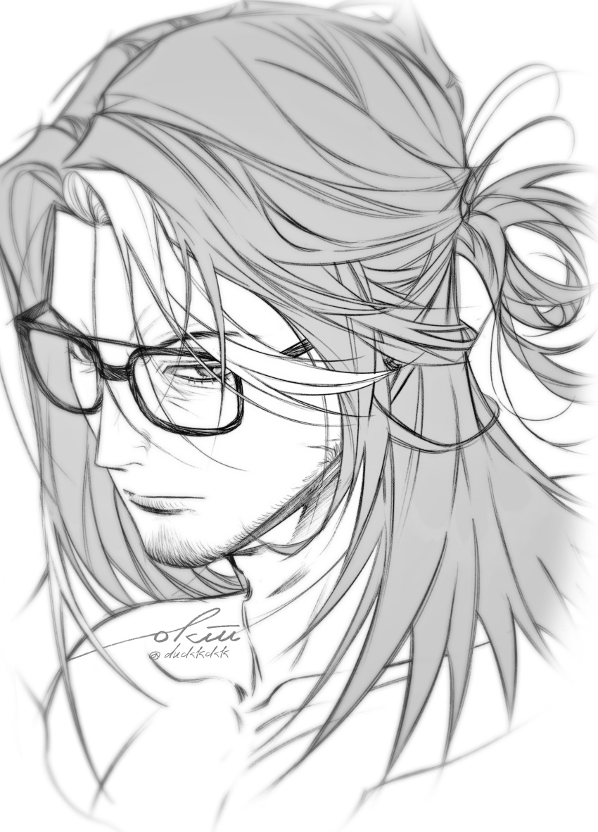 1boy absurdres arknights beard_stubble character_request facial_hair frown glasses greyscale high_ponytail highres looking_to_the_side male_focus mature_male medium_hair monochrome okiii pectorals portrait solo stubble thick_eyebrows tsurime