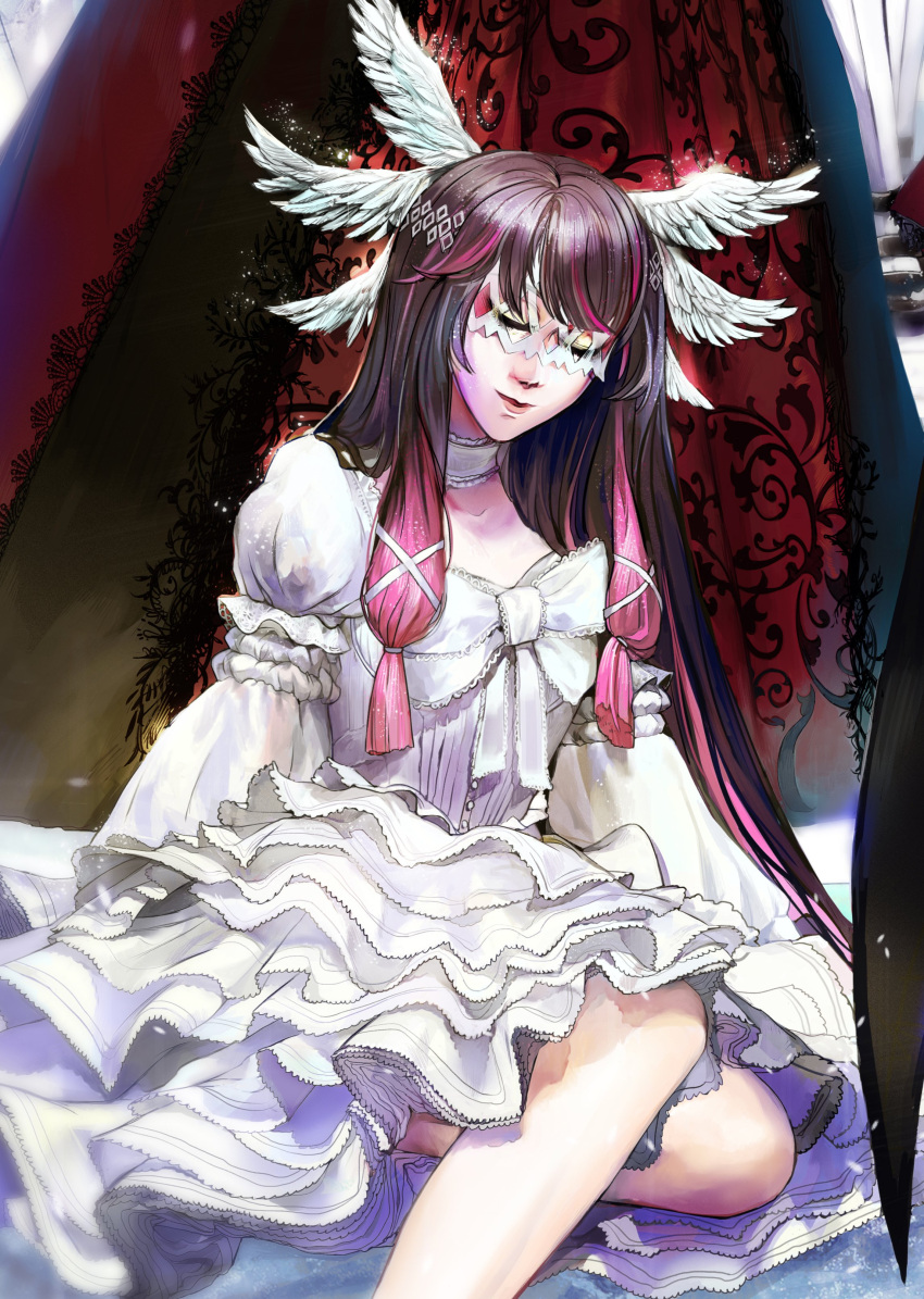 1girl absurdres bow choker closed_eyes columbina_(genshin_impact) dress eye_mask frilled_dress frills genshin_impact gentiloignon head_wings highres multicolored_hair solo streaked_hair two-tone_hair white_bow white_choker white_dress white_mask wing_hair_ornament wings