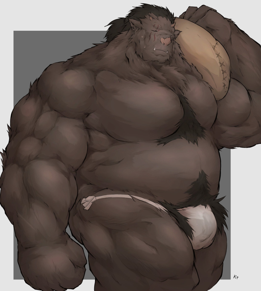 1boy alternate_design bara belly biceps boar_boy body_fur brown_hair bulge carrying_over_shoulder chest_tuft clenched_hand closed_eyes cowboy_shot dark-skinned_male dark_skin dungeon_meshi excessive_pubic_hair flour highres horns huge_pectorals iokei_(doctdra) large_hands loincloth male_focus monster_boy muscular muscular_male navel_hair nipples orc plump pointy_ears pubic_hair skin-covered_horns solo strongman_waist thick_arms thick_navel_hair tribal tusks walking zon_(dungeon_meshi)