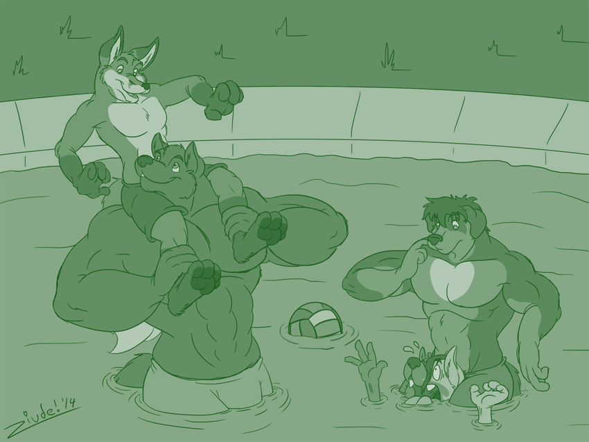 2014 abs anthro biceps big_muscles canine chest_tuft clothed clothing fox group jonathan_(character) juano low_res male mammal muscular pecs shorts size_difference smile stephen swimming_pool swimsuit topless tuft water wolf