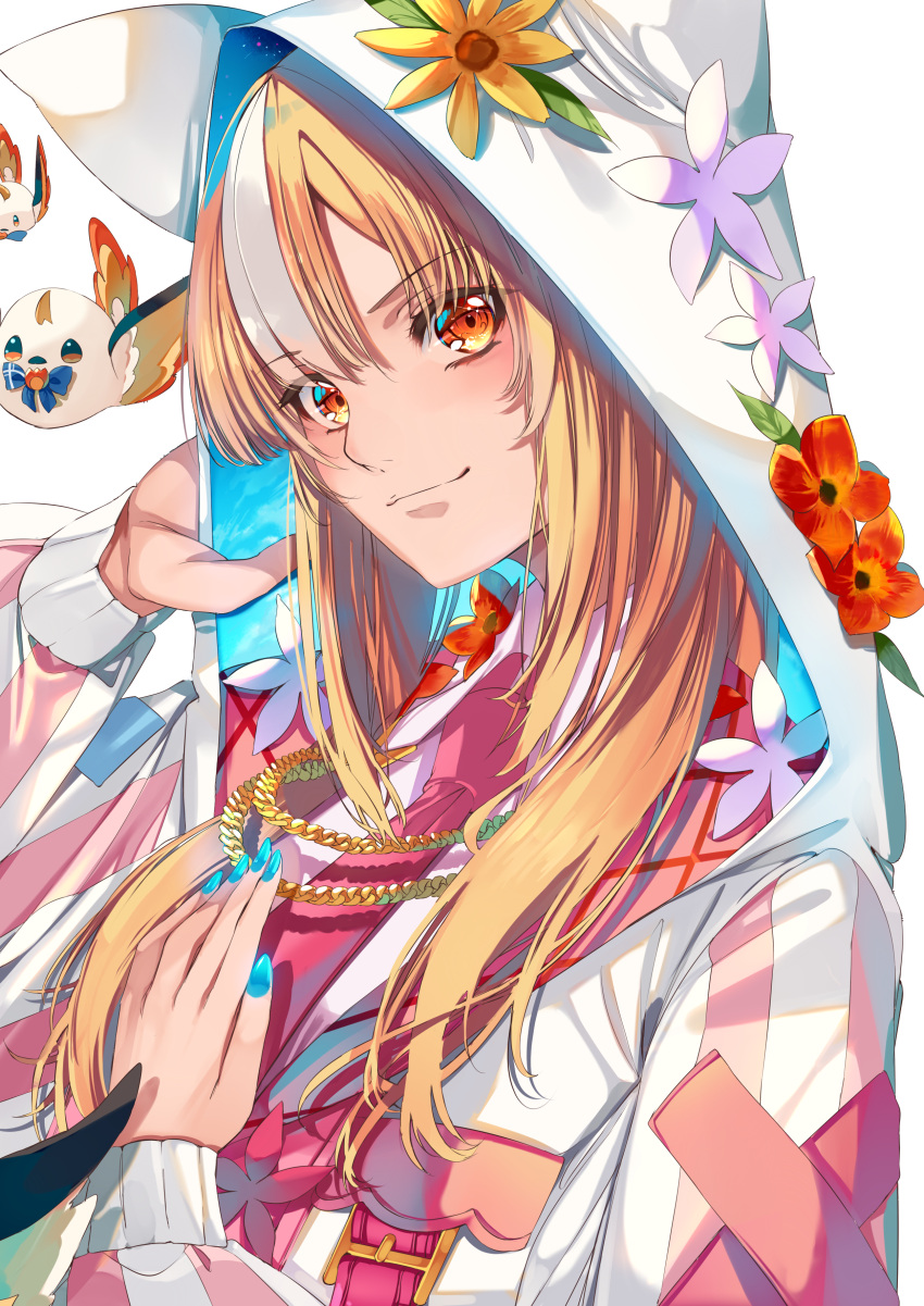 1girl absurdres blonde_hair blue_nails dark-skinned_female dark_skin dress elfriend_(shiranui_flare) highres hololive hood hood_up jacket looking_at_viewer nail_polish official_alternate_costume orange_eyes shiranui_flare shiranui_flare_(4th_costume) smile virtual_youtuber white_dress white_hair white_jacket yuutarou_(fukiiincho)