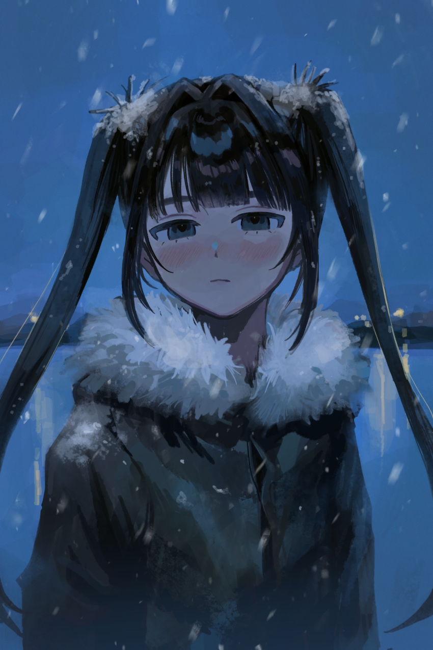 1girl arms_at_sides black_eyes black_hair blush closed_mouth fur-trimmed_jacket fur_trim green_jacket hair_intakes highres horizon inu_dakisime jacket light_frown long_bangs long_hair long_sleeves looking_at_viewer night nose_blush original outdoors sidelocks snow_on_head snowing solo twintails upper_body very_long_hair