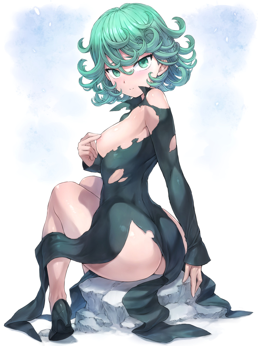 1girl absurdres areola_slip ass black_dress black_footwear blush breasts closed_mouth covering_nipples covering_privates curly_hair dress flipped_hair green_eyes green_hair hair_between_eyes high_heels highres long_sleeves looking_at_viewer mogudan one-punch_man pumps rock short_hair sitting sitting_on_rock small_breasts smile solo split_mouth tatsumaki torn_clothes torn_dress turning_head twisted_torso