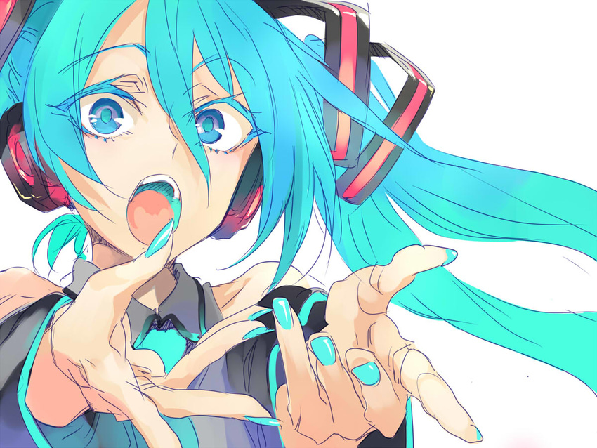 aqua aqua_eyes aqua_hair aqua_nails bad_id bad_pixiv_id colored_eyelashes fingernails hatsune_miku headphones ikuhana_niiro long_hair looking_at_viewer nail_polish open_mouth outstretched_arms simple_background solo vocaloid white_background wide-eyed