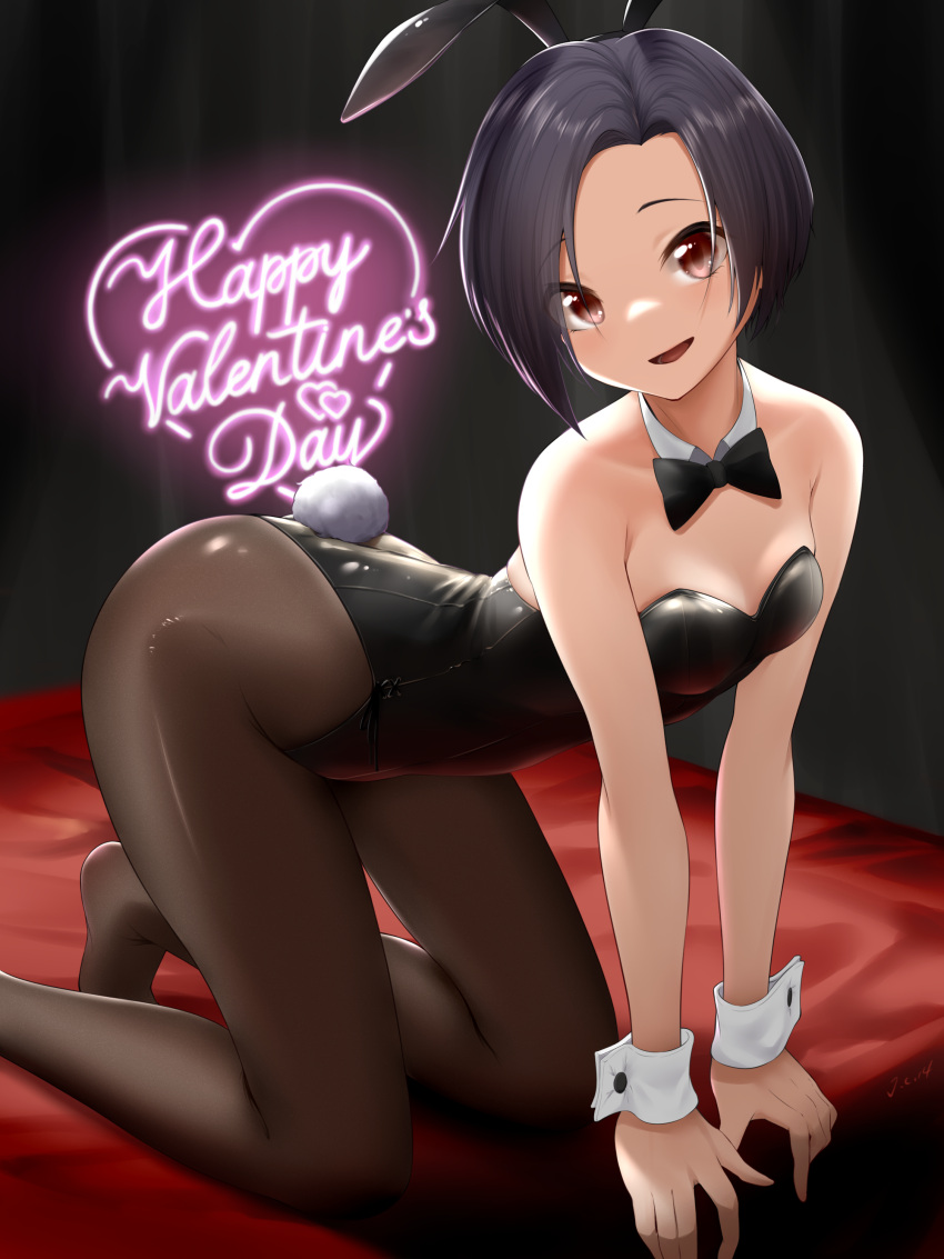 1girl :d absurdres all_fours alternate_costume animal_ears backless_leotard bed_sheet black_bow black_bowtie black_hair black_leotard bow bowtie breasts brown_eyes brown_pantyhose collarbone curtains detached_collar eyes_visible_through_hair fake_animal_ears fake_tail happy_valentine highres j.c.14 kobayakawa_rinko leotard looking_at_viewer love_plus neon_lights no_shoes on_bed pantyhose parted_bangs playboy_bunny rabbit_ears rabbit_tail short_hair signature small_breasts smile strapless strapless_leotard tail tareme thong_leotard white_wrist_cuffs wrist_cuffs